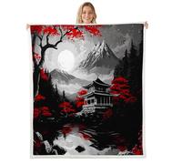 Homemissing Japanese Ukiyoe Fleece Throw Blanket Double 60x79Inch Traditional Japanese Architecture Plush Sherpa Blanket For Bed Sofa Coach Hokusai Bedroom Decor Anime