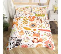 Homemissing Kawaii Animals Super King Size Bedding Set for Kids Children Cute Fox Woodland Raccoon Wildlife Print Bedding Set Flower Leaves Duvet Cover Colorful Toddler Bedroom Decor