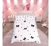 Homemissing Kawaii Black Bow Kids Bedding Set,Boys Girls Single Size,Cute Coquette Bow Knot Duvet Cover,Pink Stripes Pattern Comforter Cover,Princess Style Bedclothes Bowknot Bedroom Decor