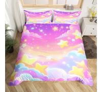Homemissing Kawaii Cloud Rainbow Duvet Cover Single Boys Girls Star Print Bedding Set Breathable Soft Lovely Kids Rainbows Comforter Cover 2Pcs Colorful Bedroom Decor Yellow Pink