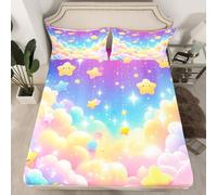Homemissing Kawaii Cloud Rainbow Fitted Sheet King Size for Kids Boys Girls Star Print Bed Sheets Set 16" Deep Pocket Soft Lovely Kids Rainbows Bedding with 2 Pillowcases Yellow Pink Room Decor