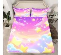 Homemissing Kawaii Cloud Rainbow Fitted Sheet with 2 Pillowcases Double Size Star Print Bed Sheets Set 16" Deep Pocket Boys Girls Lovely Kids Rainbows Bedding Colorful Bedroom Decor Breathable Soft