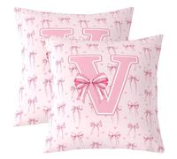 Homemissing Kawaii Pink Bow Throw Pillow Covers Set of 2 Monogrammed Cushion Covers Personalized Initial V Pillow Case Cute Coquette Bow Knot Cushion Case Dreamy Princess Style Bedroom Decor 50x50cm