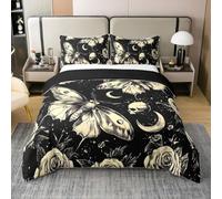 Homemissing Khaki Death Moth Duvet Cover 100% Cotton Kids Goth Skull Gothic Bedding Set King Size Halloween Rose Floral Sun Moon Comforter Cover Room Decor Soft With 2 Pillow Case 3Pcs