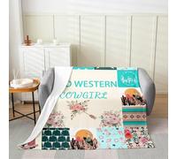 Homemissing Kids Blue Western Aztec Flannel Blanket Plush Fuzzy Throw 40x50Inch Wild Cowgirl Boots Fleece Throw Blanket For Boys Girls Bull Skull Southwestern Rustic Floral for Bed Chair Living Room