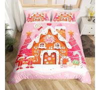 Homemissing Kids Christmas Theme Comforter Cover Single Size Cute Gingerbread Man Bedding Set for Boys Girls Teens Pink Xmas Tree Candy House Winter Snowflake New Year Duvet Cover Room Decor