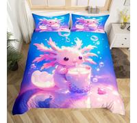 Homemissing Kids Cute Axolotl Bedding Set Double Size Cartoon Salamander DrinSuper King Comforter Cover Set for Boys Girls Kawaii Ocean Sealife Duvet Cover Bedspread Cover Room Decor,No Stuffing