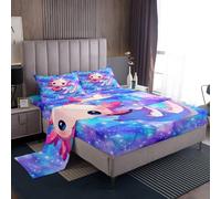 Homemissing Kids Cute Axolotl Sheet Set Double Size Donuts Cartoon Salamander Sheets with Deep Pocket Fitted Sheet for Boys Girls Kawaii Ocean Sealife Bed Sheets Set Bedding Set Room Decor,4Pcs