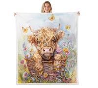 Homemissing Kids Cute Highland Cow Fleece Throw Blanket Single 50x60Inch Boys Girls Farmhouse Animal Plush Blanket Highland Cattle Butterfly Flower Sherpa Blanket Western Cowboy Style Fuzzy Blanket