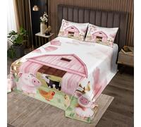 Homemissing Kids Cute Pink Pig Bedspread Double Size Cartoon Cow Chicken Coverlet Set for Boys Girls Teens Kawaii Western Farmhouse Animals Quilted Coverlet Room Decor