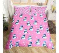 Homemissing Kids Cute Winter Snowman Comforter Cover Single Size Pink Christmas Theme Bedding Set for Boys Girls Teens Xmas Snowflake Happy New Year Duvet Cover Room Decor