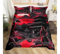 Homemissing Kids Dragon Bedding Set Double Size Boys Girls Red Sunset Loong Comforter Cover Set Samurai Duvet Cover Japanese Style Japanese Ukiyoe Bedspread Cover (No Comforter)