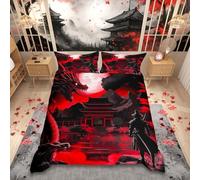 Homemissing Kids Dragon Bedding Set King Size Boys Girls Loong Red Sunset Comforter Cover Set Samurai Duvet Cover Japanese Style Japanese Ukiyoe Bedspread Cover (No Comforter)