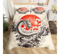 Homemissing Kids Dragon Bedding Set Single Size Boys Girls Japanese Wave Comforter Cover Set Loong Red Sunset Duvet Cover Japan Japanese Style Bedspread Cover (No Comforter)