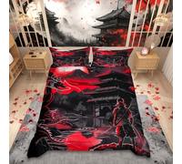 Homemissing Kids Dragon Bedding Set Single Size Boys Girls Red Sunset Loong Comforter Cover Set Samurai Duvet Cover Japanese Style Japanese Ukiyoe Bedspread Cover (No Comforter)