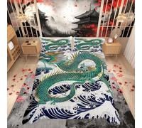 Homemissing Kids Green Dragon Bedding Set Double Size Boys Girls Japanese Wave Comforter Cover Set Loong Japanese Style Duvet Cover Japanese Ukiyoe Bedspread Cover (No Comforter)