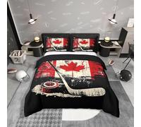 Homemissing Kids Ice Hockey Bedding Set Single Size Canada Flag Duvet Cover for Boys Girls Winter Sports Comforter Cover Set Bedspread Cover Room Decor,1x Duvet Cover+1x Pillow Sham