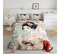 Homemissing Kids Japanese Geisha Girl Bedding Set Single Size Boys Girls Cherry Blossoms Bedding Set Japanese Style Down Duvet Japanese Tradition Aesthetic Quilt Set