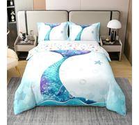 Homemissing Kids Mermaid Bedding Set Single Size Fish Scales Duvet Cover 100% Cotton for Teens Bedroom Decor Princess Decor Ocean Life Sea Animal Comforter Cover Set Women Men Bedspread Cover