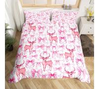 Homemissing Kids Pink Bowknot Bedding Set Cute Deer Duvet Cover Single Size Bedroom Decor Merry Christmas Dreamy Princess Comforter Cover Set Xmas Theme Bedspread Cover With 1 Pillow Case,No Comforter