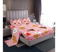 Homemissing Kids Pink Christmas Theme Bed Sheets Set Single Size Cute Xmas Gingerbread Man Candy Cane Bedding Set Boys Girls Winter Gloves and Socks Happy New Year Fitted Sheet Room Decor