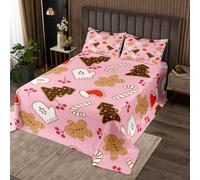 Homemissing Kids Pink Christmas Theme Bedspread King Size Cute Xmas Gingerbread Man Candy Cane Coverlet Set Boys Girls Winter Gloves and Socks Happy New Year Quilted Coverlet Room Decor