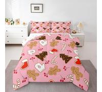 Homemissing Kids Pink Christmas Theme Comforter Set Double Size Cute Xmas Gingerbread Man Candy Cane Bedding Set Boys Girls Winter Gloves and Socks Happy New Year Duvet Quilt Room Decor