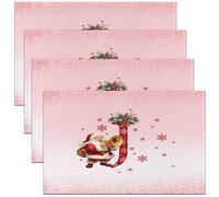 Homemissing Kids Pink Christmas Theme Placemats Set of 4 Alphabet Personalized Initials Letter J Table Mats Xmas Snowflakes Cute Santa Claus Place Mat for Kitchen Dining Table Party Decor 45X30cm