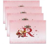 Homemissing Kids Pink Christmas Theme Placemats Set of 4 Alphabet Personalized Initials Letter R Table Mats Xmas Snowflakes Cute Santa Claus Place Mat for Kitchen Dining Table Party Decor 45X30cm