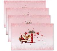 Homemissing Kids Pink Christmas Theme Placemats Set of 4 Alphabet Personalized Initials Letter T Table Mats Xmas Snowflakes Cute Santa Claus Place Mat for Kitchen Dining Table Party Decor 45X30cm