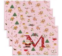 Homemissing Kids Pink Christmas Theme Placemats Set of 4 Cute Xmas Gingerbread Man Santa Claus Table Mats Alphabet Personalized Initials Letter M Place Mat for Kitchen Dining Table Party Decor 45X30cm