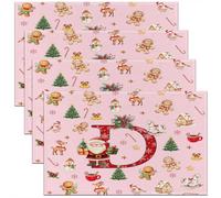 Homemissing Kids Pink Christmas Theme Placemats Set of 4 Cute Xmas Gingerbread Man Santa Claus Table Mats Alphabet Personalized Initials Letter D Place Mat for Kitchen Dining Table Party Decor 45X30cm