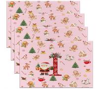 Homemissing Kids Pink Christmas Theme Placemats Set of 4 Cute Xmas Gingerbread Man Santa Claus Table Mats Alphabet Personalized Initials Letter I Place Mat for Kitchen Dining Table Party Decor 45X30cm
