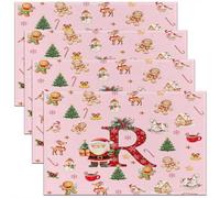 Homemissing Kids Pink Christmas Theme Placemats Set of 4 Cute Xmas Gingerbread Man Santa Claus Table Mats Alphabet Personalized Initials Letter R Place Mat for Kitchen Dining Table Party Decor 45X30cm