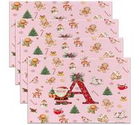 Homemissing Kids Pink Christmas Theme Placemats Set of 4 Cute Xmas Gingerbread Man Santa Claus Table Mats Alphabet Personalized Initials Letter A Place Mat for Kitchen Dining Table Party Decor 45X30cm