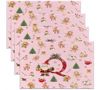 Homemissing Kids Pink Christmas Theme Placemats Set of 4 Cute Xmas Gingerbread Man Santa Claus Table Mats Alphabet Personalized Initials Letter Place Mat for Kitchen Dining Table Party Decor 45X30cm