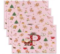 Homemissing Kids Pink Christmas Theme Placemats Set of 4 Cute Xmas Gingerbread Man Santa Claus Table Mats Alphabet Personalized Initials Letter P Place Mat for Kitchen Dining Table Party Decor 45X30cm