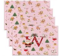 Homemissing Kids Pink Christmas Theme Placemats Set of 4 Cute Xmas Gingerbread Man Santa Claus Table Mats Alphabet Personalized Initials Letter W Place Mat for Kitchen Dining Table Party Decor 45X30cm