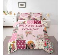 Homemissing Kids Pink Western Aztec Comforter Set Single Size Wild Cowgirl Boots Bedding Set For Boys Girls Teens Bedroom Decor Bull Skull Southwestern Rustic Floral Duvet Quilt Breathable Soft 3Pcs