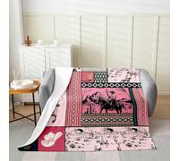 Homemissing Kids Pink Western Aztec Flannel Blanket Plush Fuzzy Single 50x60Inch Horse Fleece Throw Blanket For Boys Girls Wild Cowboy Southwestern Rustic Farmhouse Tribal for Bed Chair Living Room