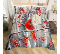 Homemissing Kids Red Cardinal Comforter Cover Double Size Christmas Theme Bedding Set for Boys Girls Teens Xmas Birds Winter Rustic Country Farm Animal Duvet Cover Room Decor