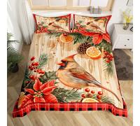 Homemissing Kids Red Cardinal Comforter Cover King Size Christmas Red Black Plaid Flower Bedding Set for Boys Girls Teens Xmas Birds Animal Lemon Winter Wood Plank Duvet Cover Room Decor
