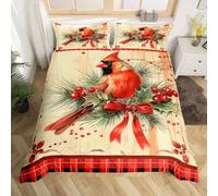 Homemissing Kids Red Cardinal Comforter Cover Single Size Christmas Red Black Plaid Bow Bedding Set for Boys Girls Teens Xmas Birds Animal Winter Wood Plank Duvet Cover Room Decor