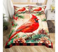 Homemissing Kids Red Cardinal Comforter Cover Super King Size Christmas Red Black Plaid Bedding Set for Boys Girls Teens Xmas Birds Winter Rustic Wood Plank Animal Duvet Cover Room Decor