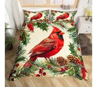 Homemissing Kids Red Cardinal Comforter Cover Super King Size Christmas Tree Green Plants Bedding Set for Boys Girls Teens Xmas Birds Animal Winter Happy New Year Duvet Cover Room Decor
