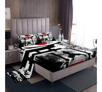 Homemissing Kids Samurai Sheet Set Double Size Boys Girls Sunset Sheets with Deep Pocket Fitted Sheet Japan Japanese Style Bed Sheets Set Ink and Wash Bamboo Bedding Set