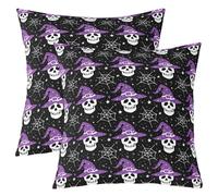 Homemissing Kids Sugar Skull Cushion Case Witch Print Throw Pillow Covers 60x60cm Set of 2 Soft For Boys Girls Teens Bedroom Decor Spide Web Decor Pillowcase Black Purple