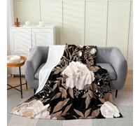 Homemissing Kids Vintage Floral Plush Throw Blanket Queen 90x90Inch Black Beige Plush Throw Blanket Flower Gold Leaf Plant Pattern Flannel Fleece Blanket