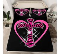 Homemissing Kids Zebra Print Bedding Set Single Size, Glitter Cross Bed Sheets Set for Boys Girls Cute Heart Pattern Fitted Sheet Y2K Bed Cover Bedroom Decor Lightweight Bed Set (No Flat Sheet)