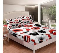 Homemissing King Feminine Red Lips Bed Sheet Set Cosmetics Bedding Sheets for Girls Adult High-heeled Shoes Bedding Fitted Sheet Sunglasses Bed Cover 3Pcs,1 Fitted Sheet+2 Pillow Sham(No Flat Sheet)
